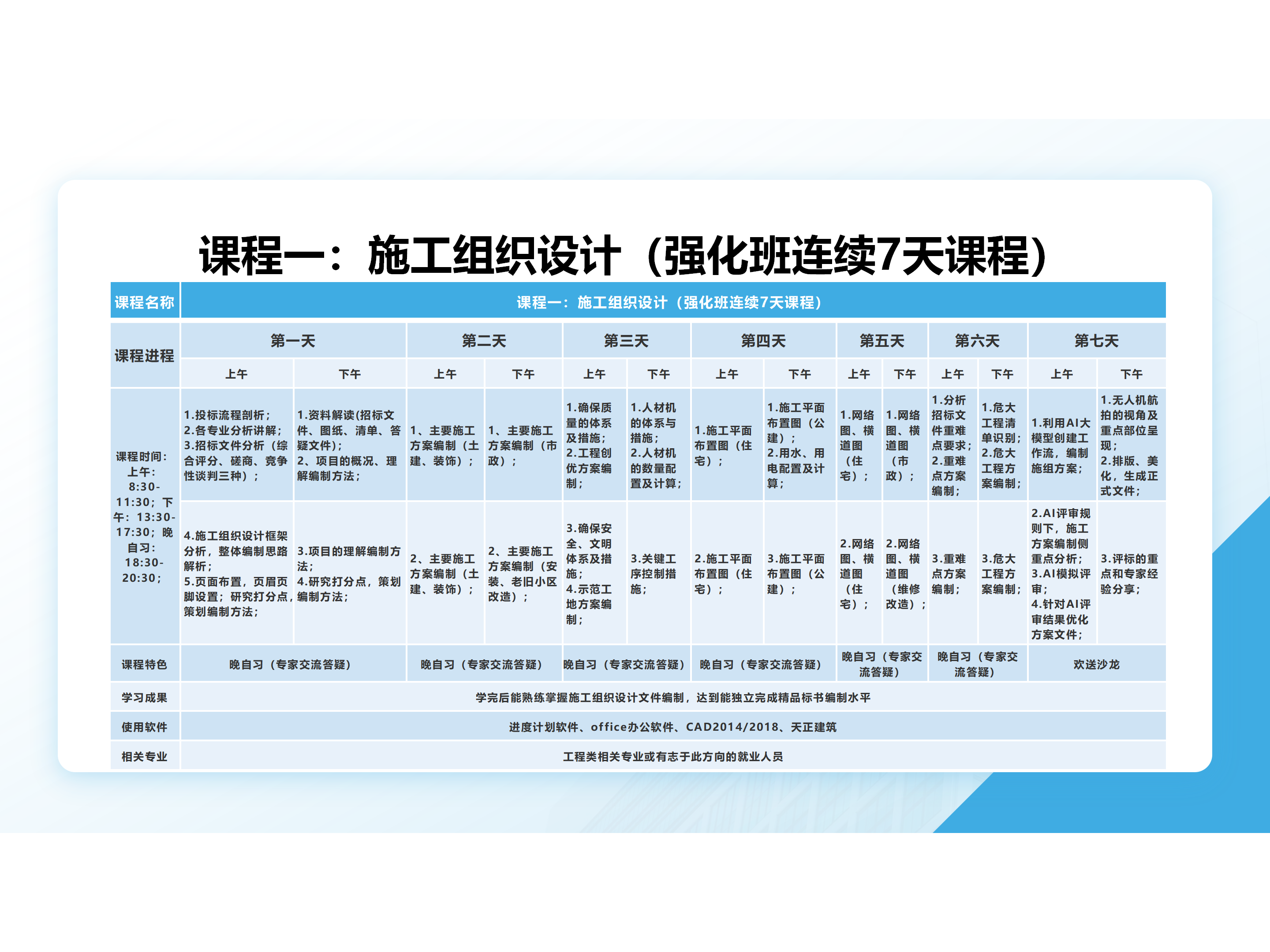 课程一：施工组织设计强化班7天课程表