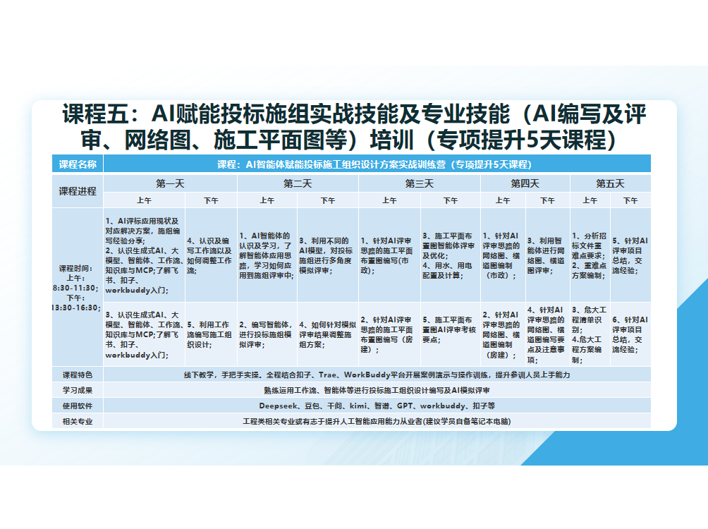 课程五：AI赋能投标施组实战技能及专业技能培训5天课程